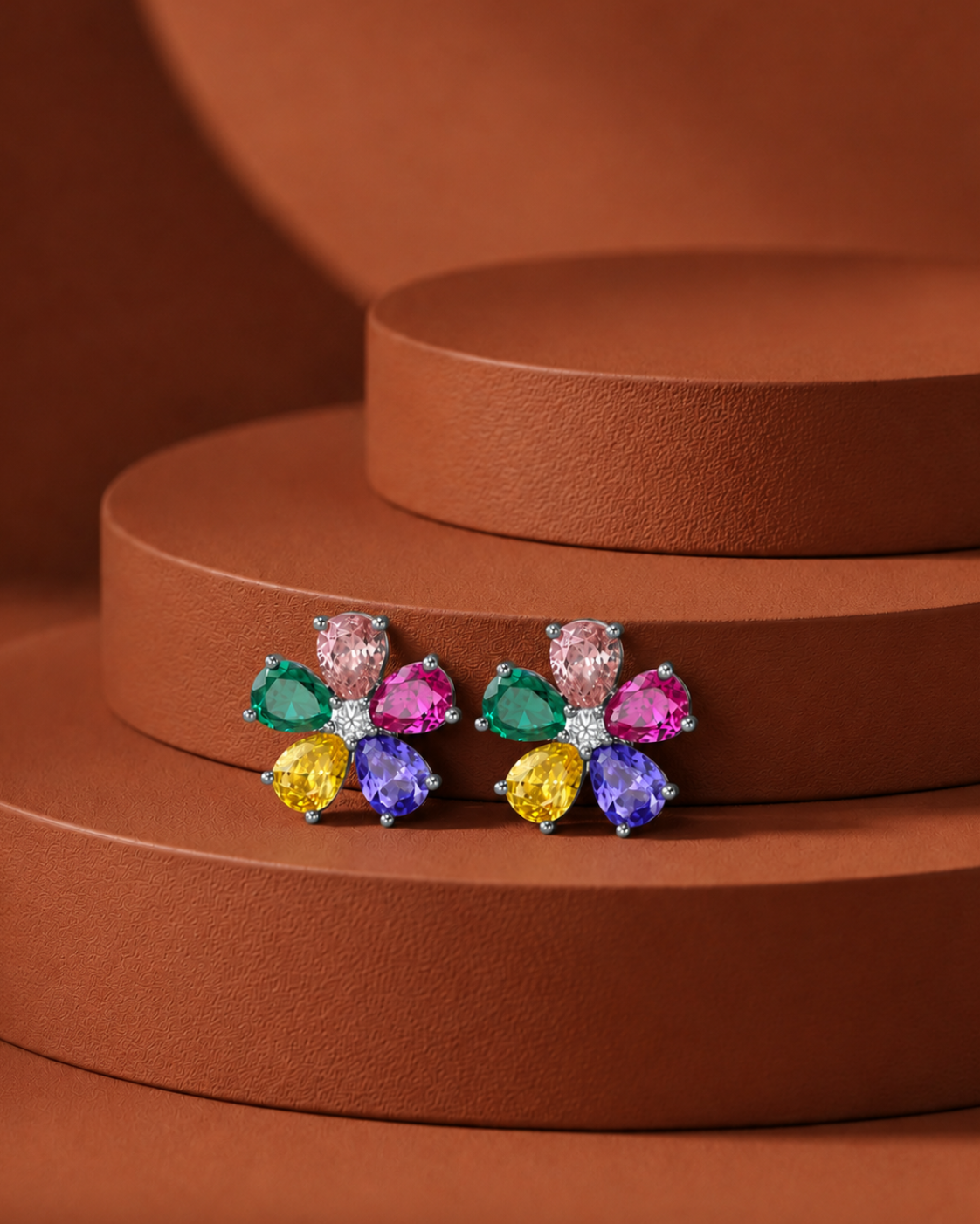 A pair of colorful flower-shaped stud earrings with marquise-cut gemstones in pink, green, yellow, and purple, displayed on a brown textured circular pedestal.