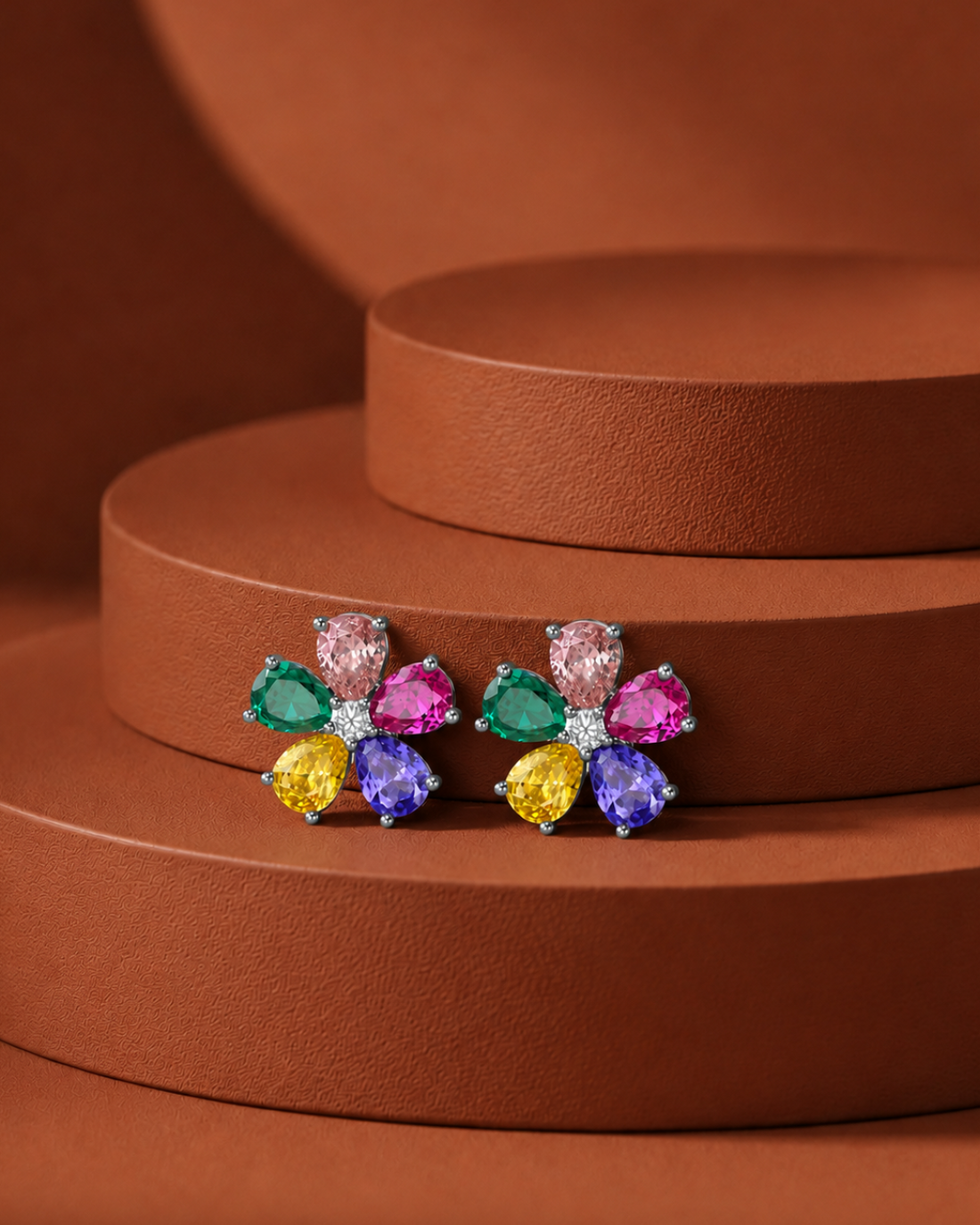 A pair of colorful flower-shaped stud earrings with marquise-cut gemstones in pink, green, yellow, and purple, displayed on a brown textured circular pedestal.
