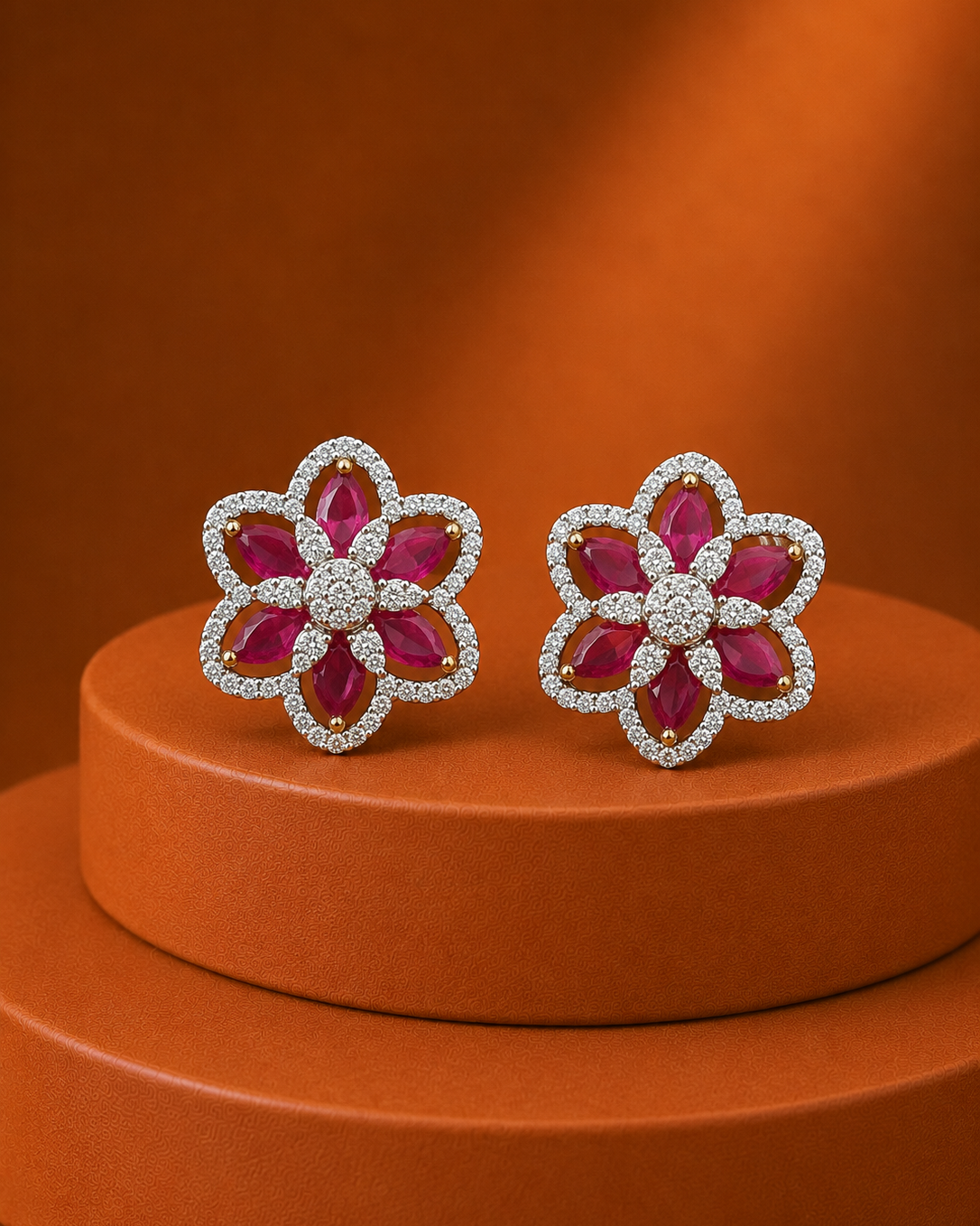 A pair of flower-shaped stud earrings with deep pink gemstone petals and clear crystal borders, displayed on a round orange pedestal against a warm orange background.