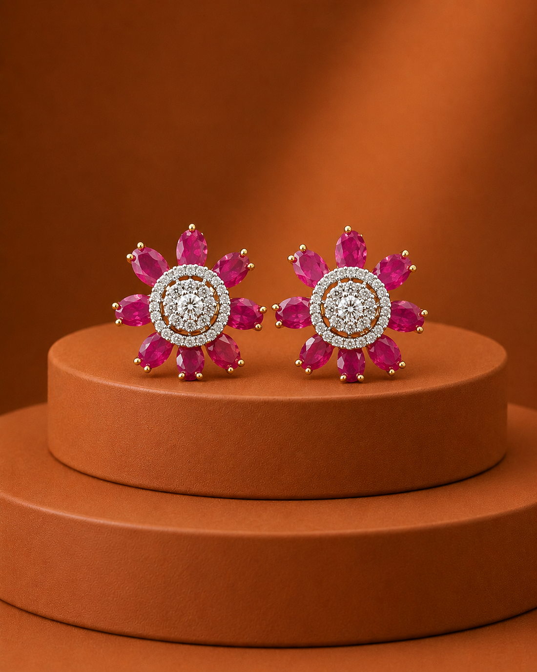 A pair of gold-toned flower-shaped earrings with bright pink gemstone petals and a central round cluster of clear stones, displayed on a round terracotta pedestal against a warm brown background.