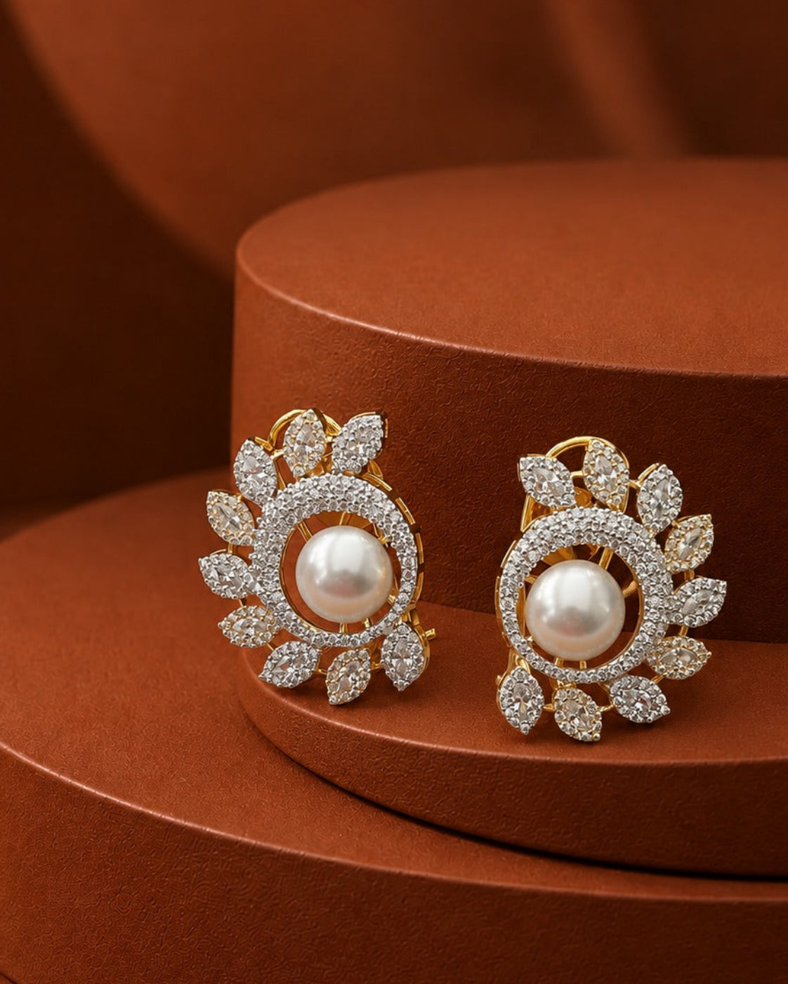 A pair of gold-toned leaf-shaped earrings with central white pearls and surrounding pavé-set clear stones, displayed on a round brown pedestal against a matching brown background.