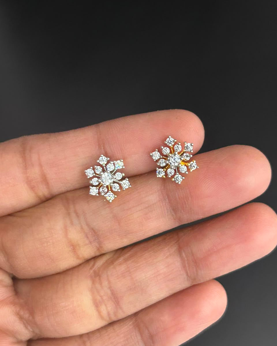 A pair of gold and clear crystal flower-shaped stud earrings resting on a person's fingers against a dark background.