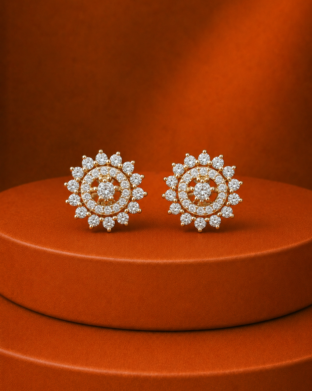 A pair of gold and diamond sunburst stud earrings displayed on a round orange pedestal against a matching orange background.