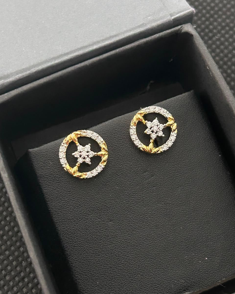 A pair of gold and silver-toned stud earrings with a circular halo design and central starburst motif, displayed on a black jewelry box.