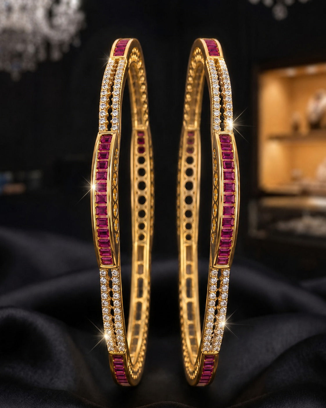 A pair of gold bangles decorated with rows of rectangular pinkish-red stones and small clear stones, displayed on a dark satin surface with a blurred jewelry store background.