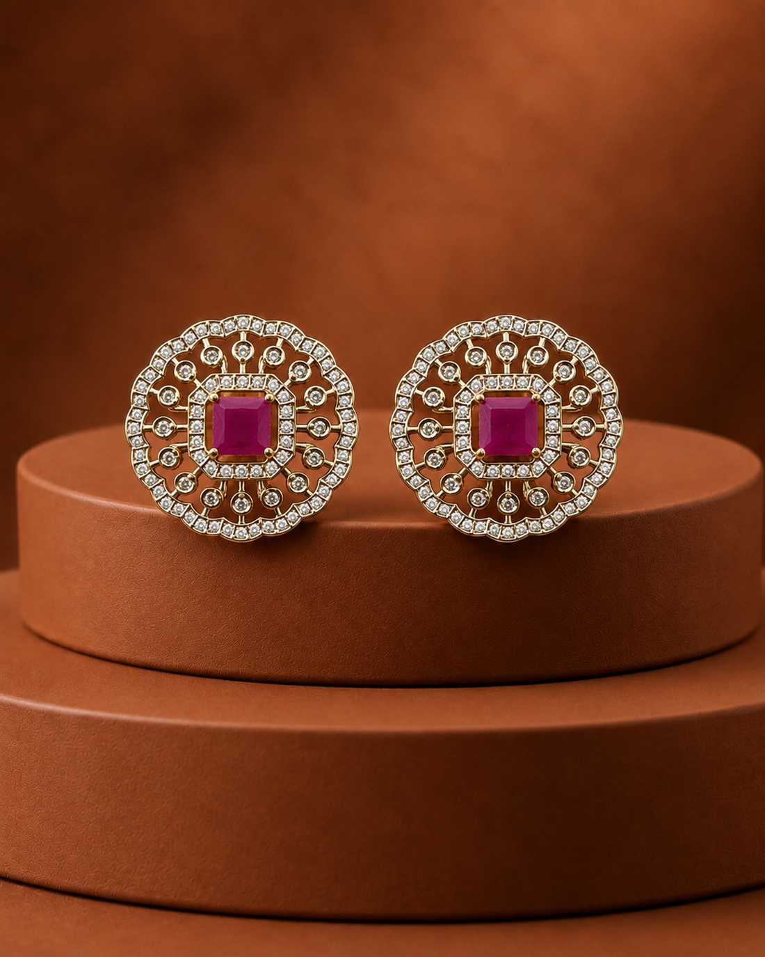 A pair of ornate circular earrings with square magenta centers and surrounding rows of small clear stones in a gold-tone setting, displayed on a brown cylindrical pedestal against a warm brown background.