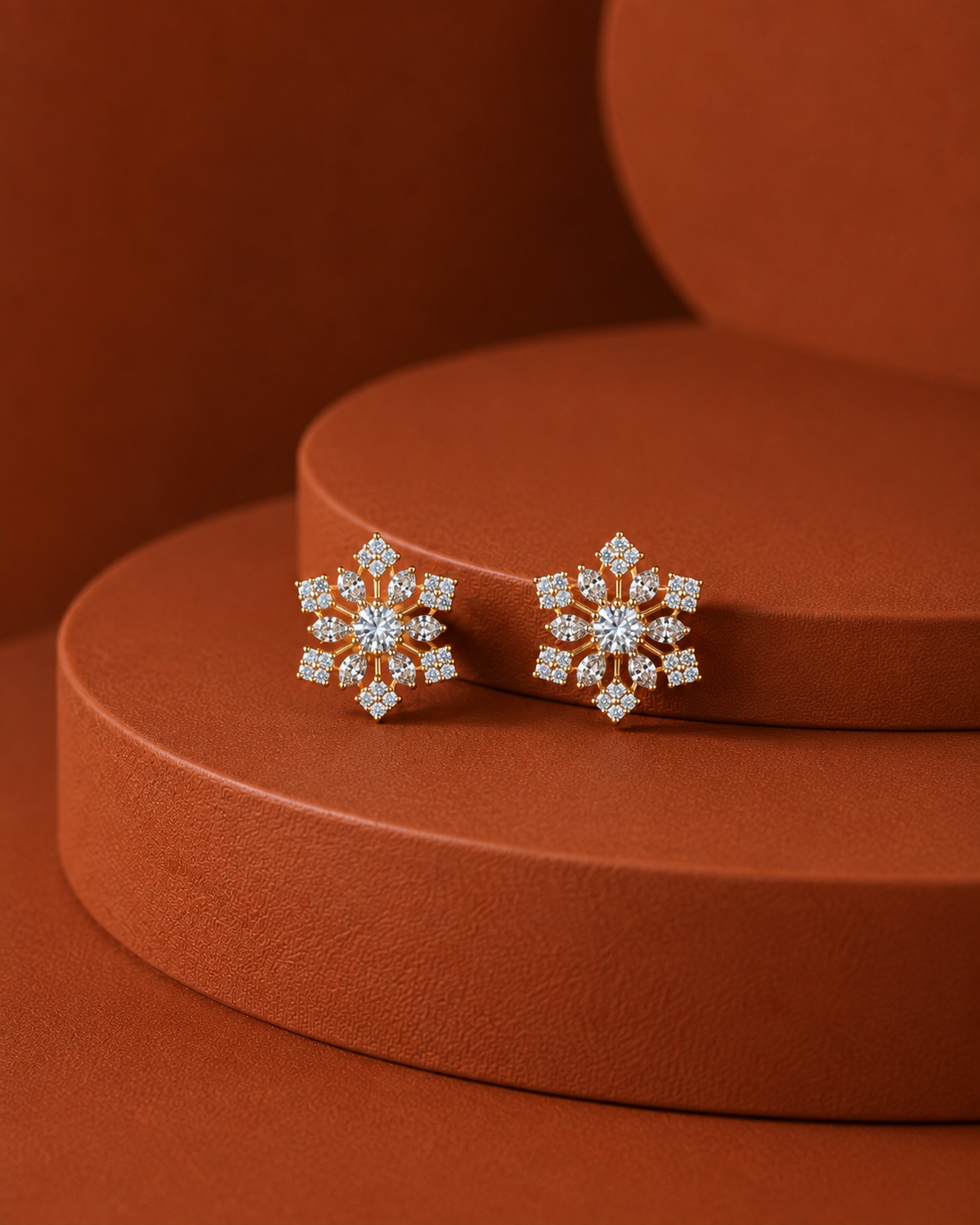 A pair of snowflake-shaped stud earrings with clear gemstones in a gold-tone setting, displayed on a round terracotta pedestal against a matching warm brown background.