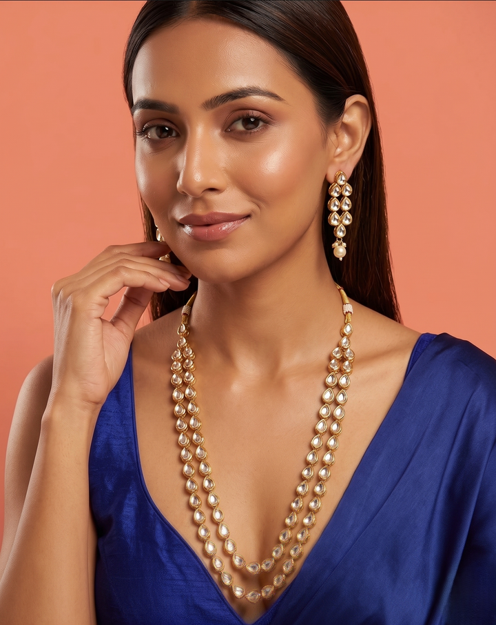 Antique Gold Double Line Kundan Necklace Set with Pearl Drop Earrings
