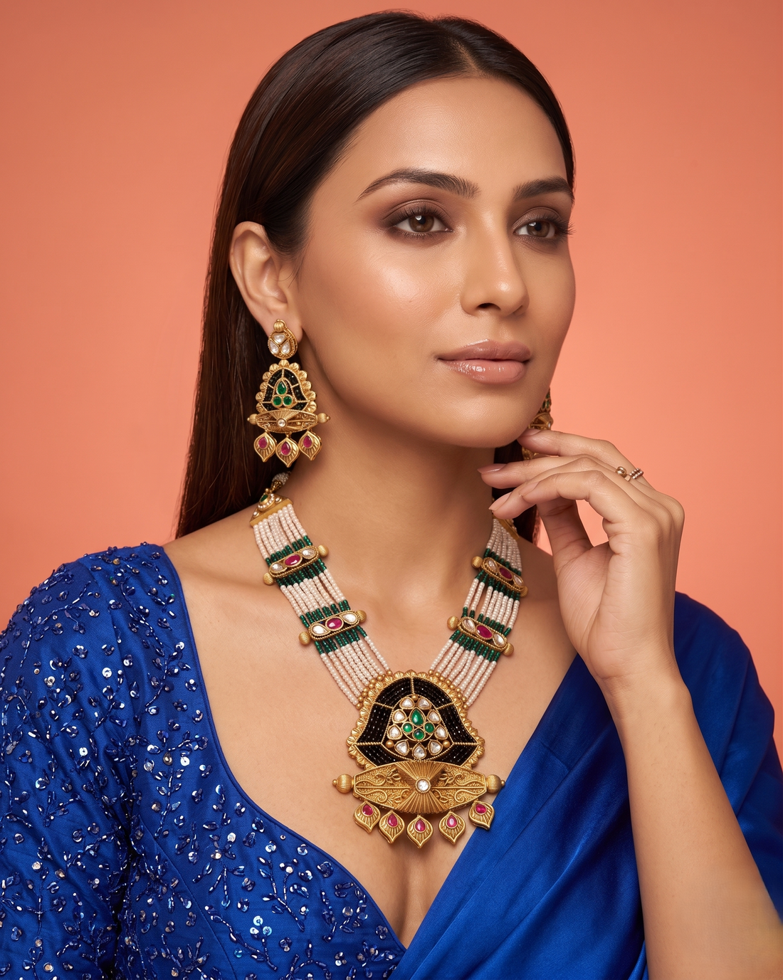 Antique Gold Green Beaded Necklace Set with Ruby Kundan Pendant and Earrings
