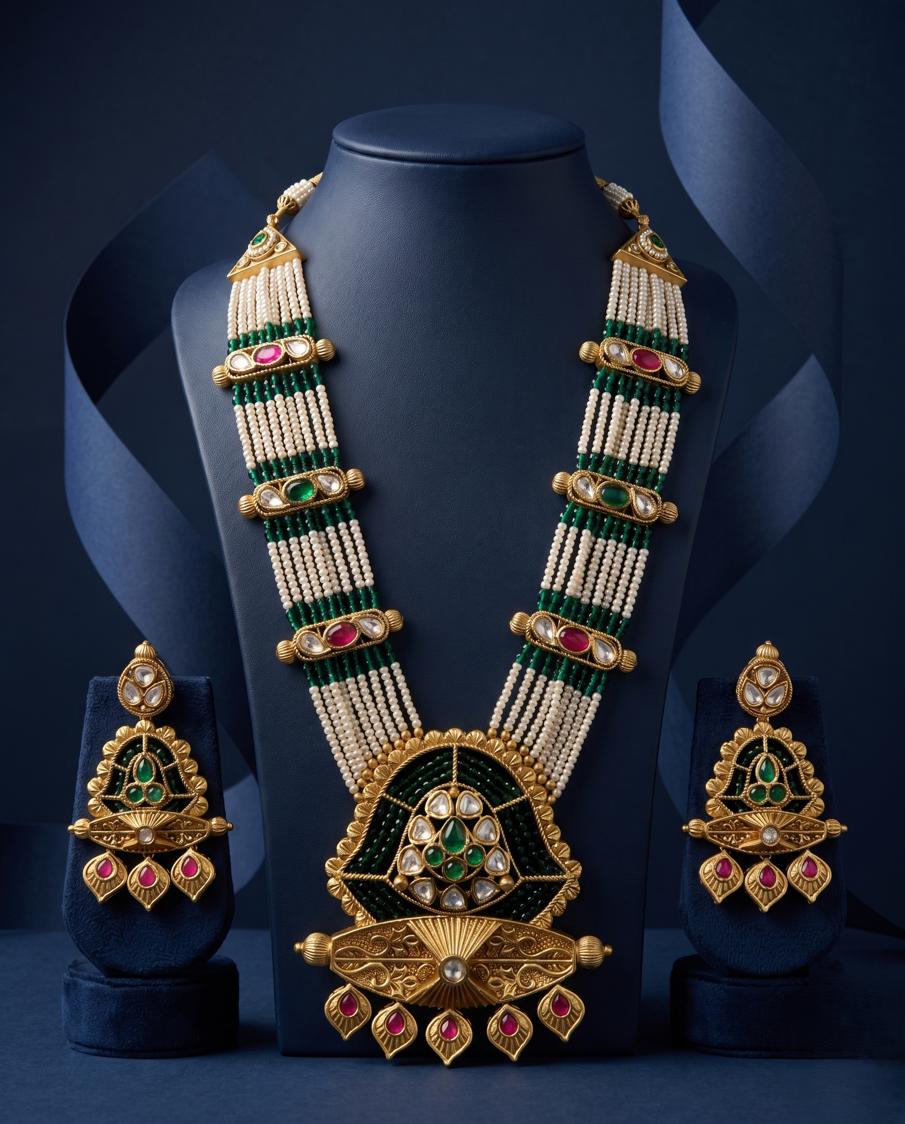 Antique Gold Green Beaded Necklace Set with Ruby Kundan Pendant and Earrings with blue background 
