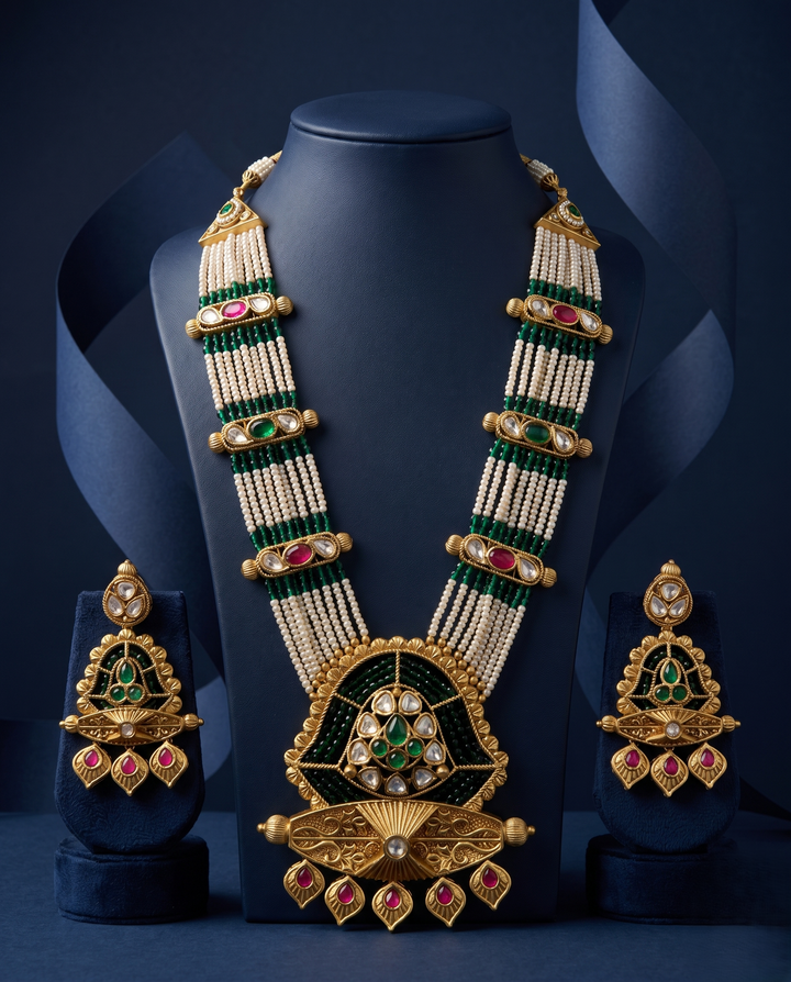 Antique Gold Green Beaded Necklace Set with Ruby Kundan Pendant and Earrings with blue background 
