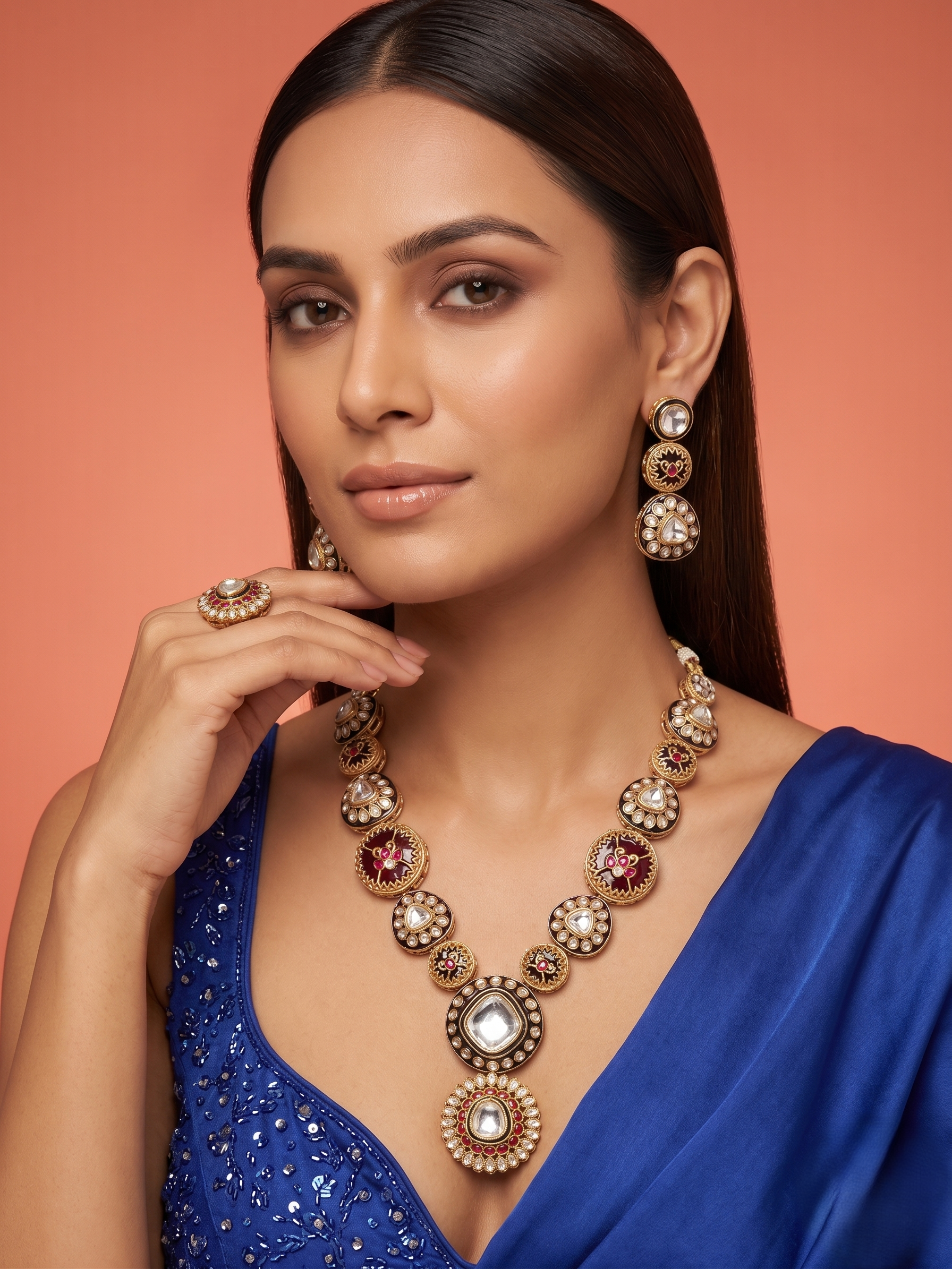 Antique Gold Kundan Statement Necklace Set with Ruby Accents
