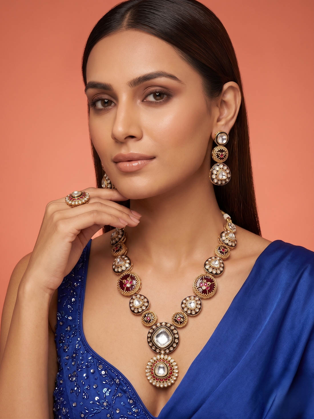 Antique Gold Kundan Statement Necklace Set with Ruby Accents
