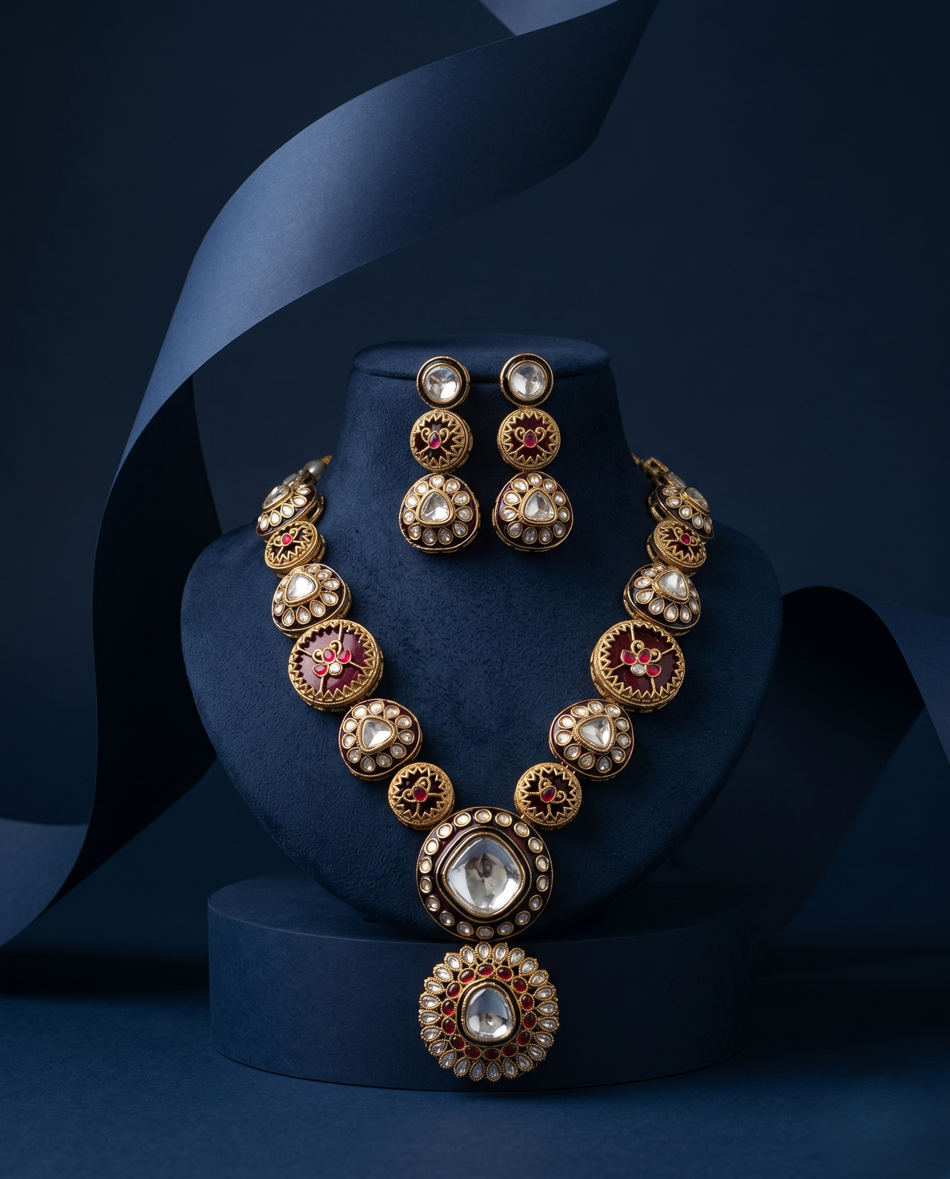 Antique Gold Kundan Statement Necklace Set with Ruby Accents
with blue background 