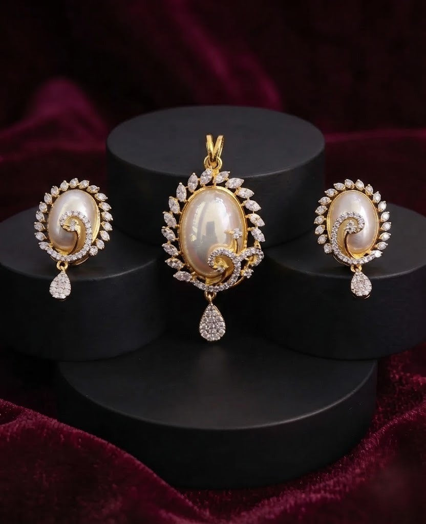 Anvika Pearl CZ Pendant Set with Earrings | Elegant Gold Tone Jewellery