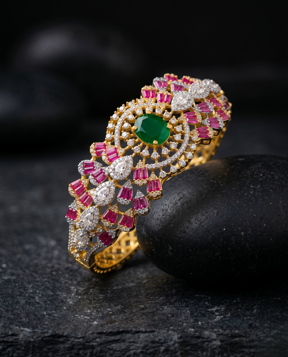 Bridal Diamond Bracelet with Green Stone & Pink Accents | Gold Polish Openable Bracelet with black background 
