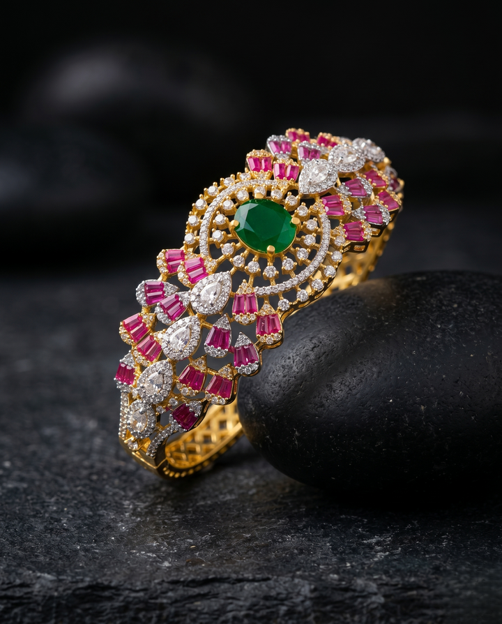 Bridal Diamond Bracelet with Green Stone & Pink Accents | Gold Polish Openable Bracelet with black background 
