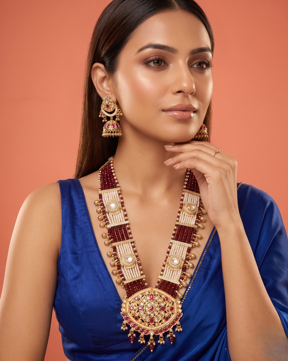Bridal Kundan Necklace Set with Maroon Beads, Pearl Panels & Jhumka Earrings
