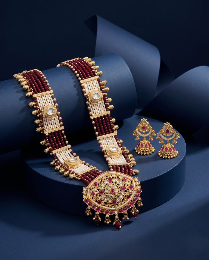 Bridal Kundan Necklace Set with Maroon Beads, Pearl Panels & Jhumka Earrings with blue background 

