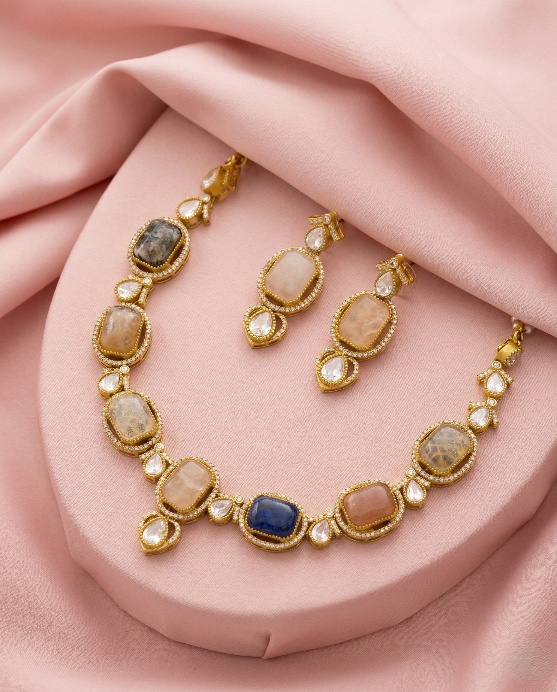 Premium Pastel Multicolor Stone Designer Necklace Set with Earrings