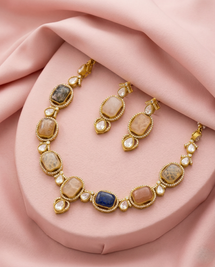 Premium Pastel Multicolor Stone Designer Necklace Set with Earrings