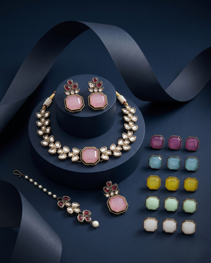 Changeable Kundan Necklace Set with Interchangeable Stone Options | Multi-Color Bridal Jewellery with blue background 
