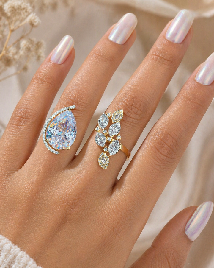 Dual Elegance Adjustable Ring – Statement Stone & Diamond Cluster | Fit for All Fingers