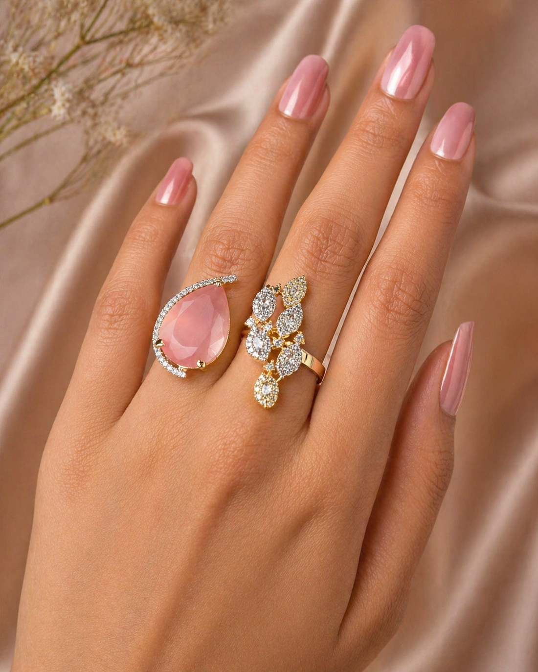 Dual Elegance Adjustable Ring – Statement Stone & Diamond Cluster | Fit for All Fingers