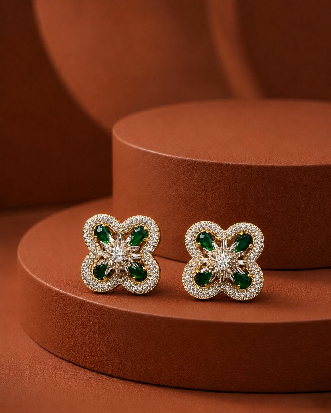Green Stone Floral Diamond Stud Earrings – Gold Finish