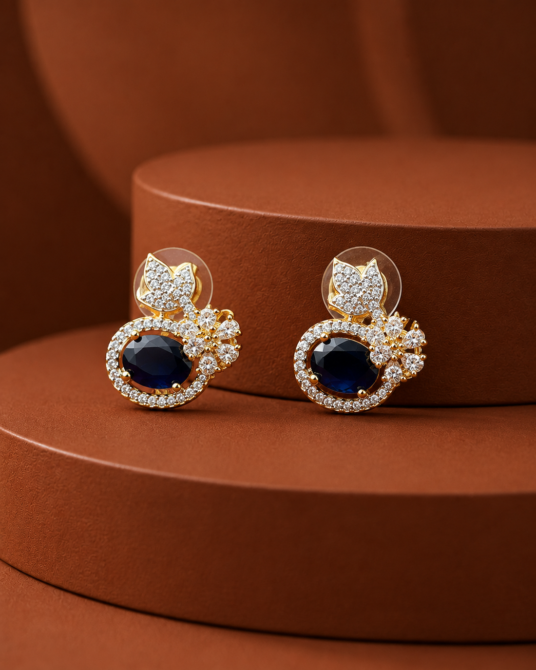 Butterfly Floral CZ Designer Stud Earrings – Gold Finish | White, Green, Blue & Ruby