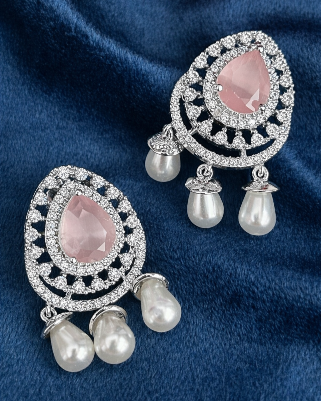 Diamond Style Teardrop Pearl Dangling Earrings Pink Stone Gold Silver Finish