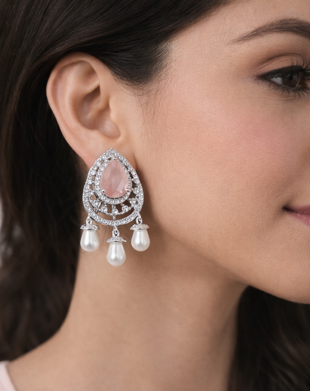 Diamond Style Teardrop Pearl Dangling Earrings Pink Stone Gold Silver Finish