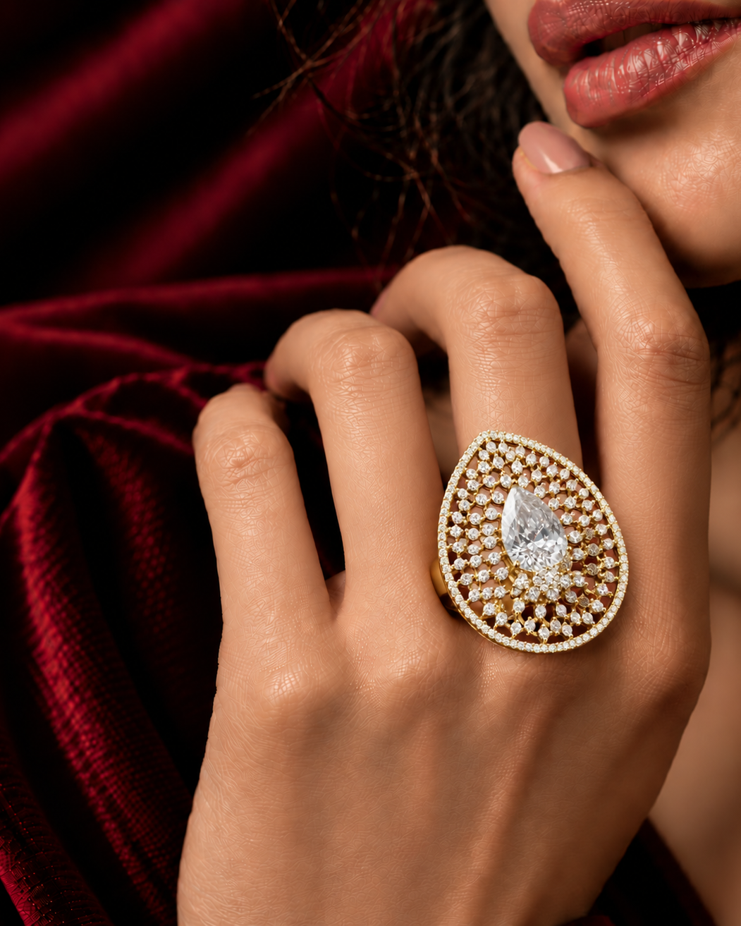 Adjustable Gold Teardrop Crystal Statement Ring