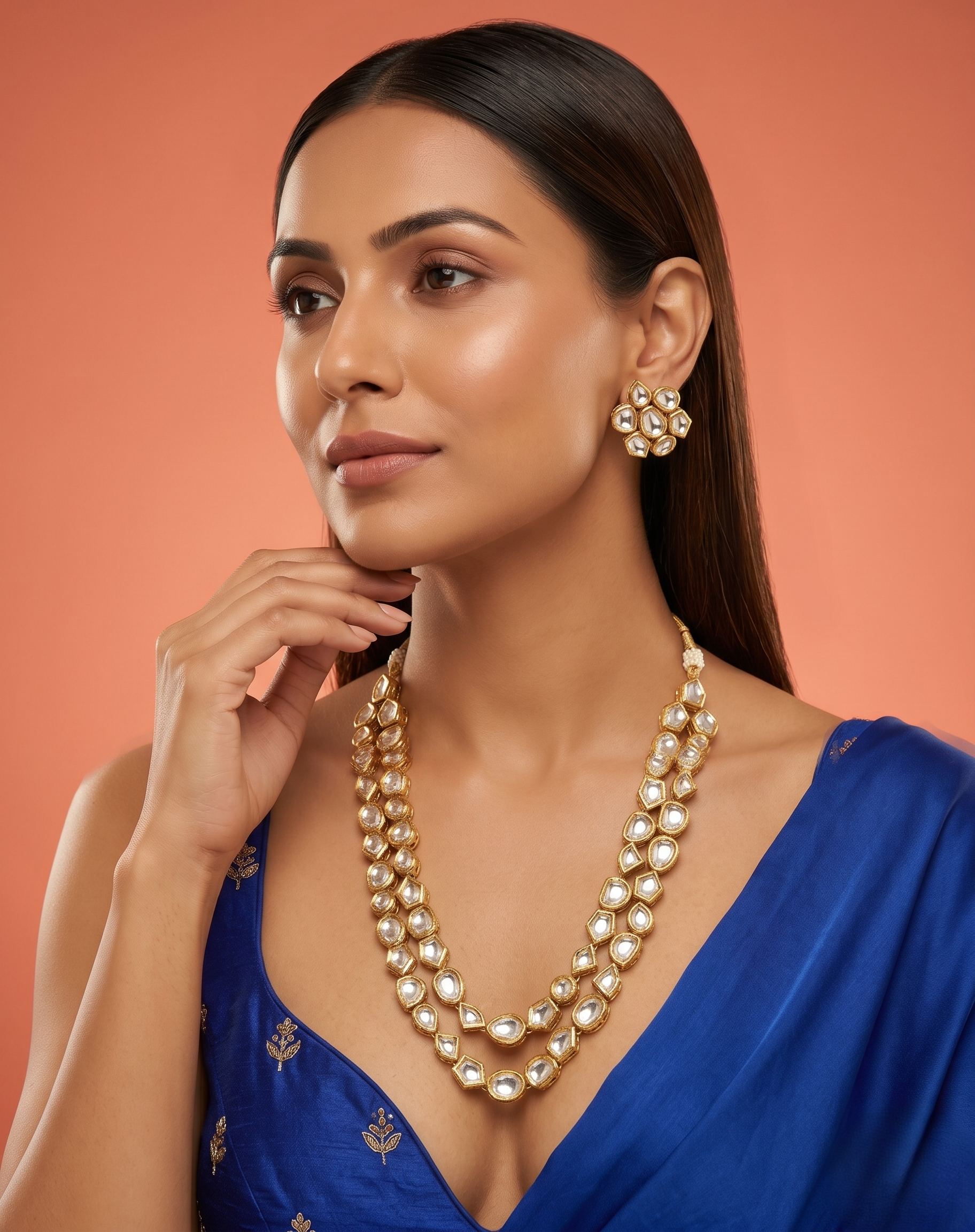 Classic Kundan Long Necklace Set with Stud Earrings – Gold Finish
