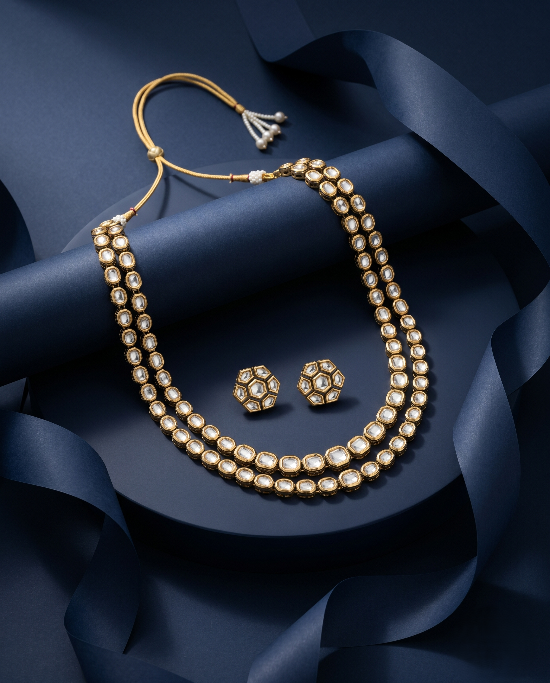 Classic Kundan Long Necklace Set with Stud Earrings – Gold Finish
with blue background 