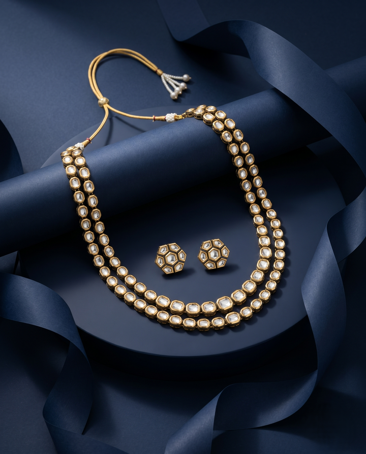 Classic Kundan Long Necklace Set with Stud Earrings – Gold Finish
with blue background 