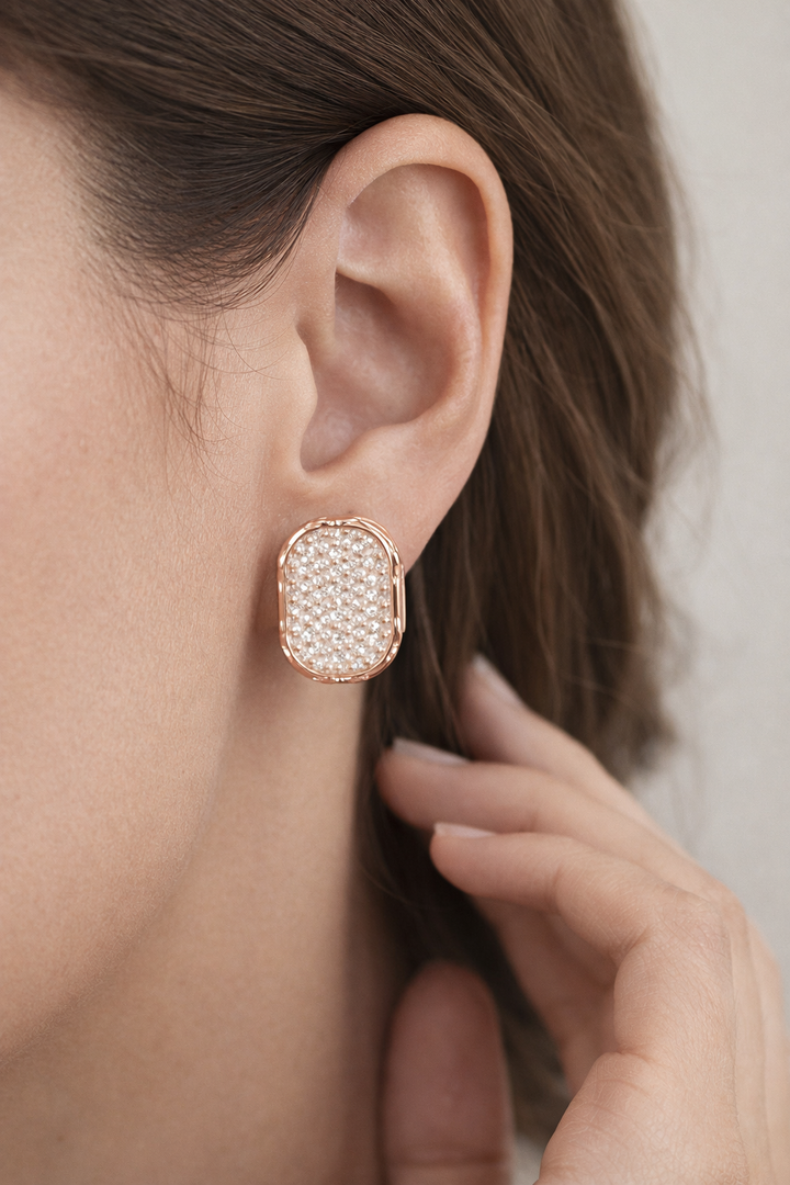 Gold polish rectangle pearl stud earrings for women, elegant everyday jewellery