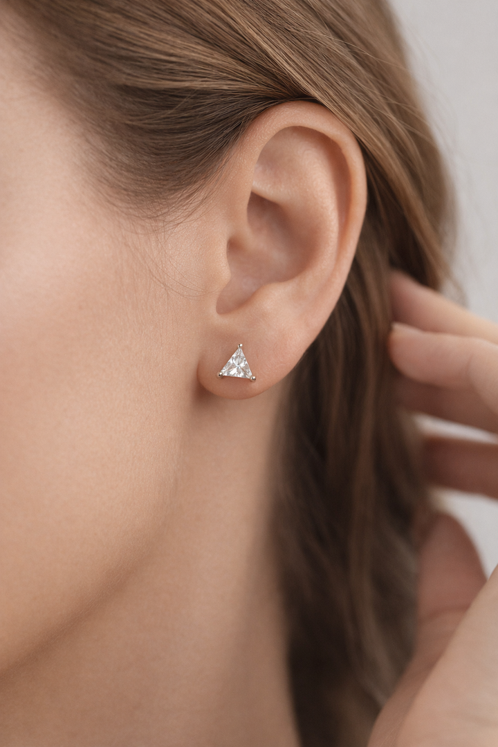 Gold polish triangle diamond stud earrings for women, modern everyday jewellery