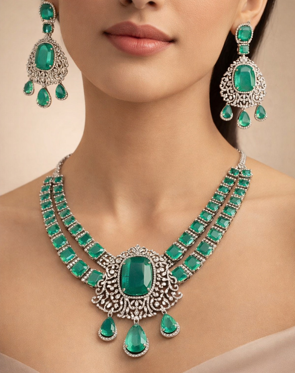 Green stone diamond necklace set with matching earrings in silver finish