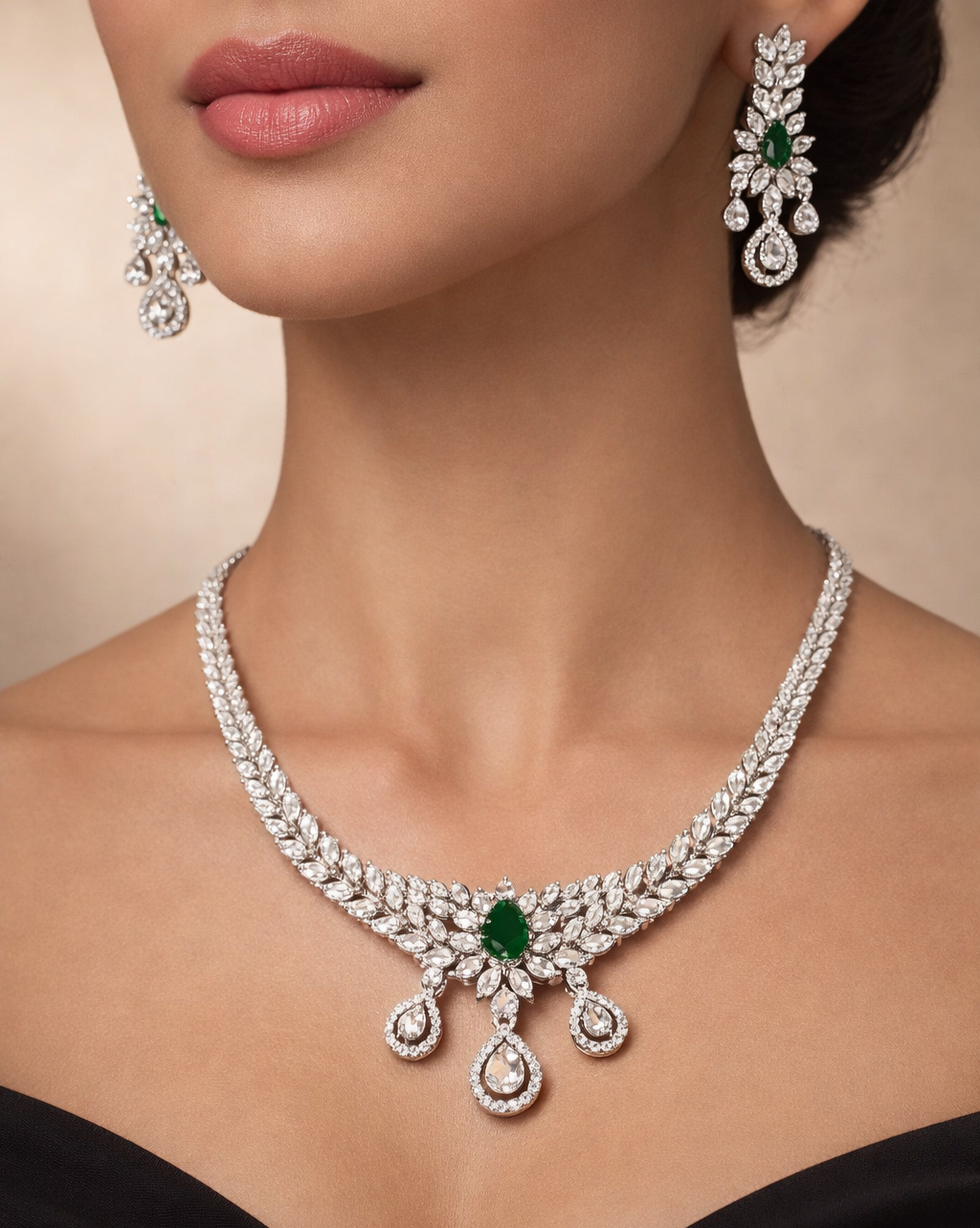 Stylish silver finish green stone diamond necklace set with matching earrings