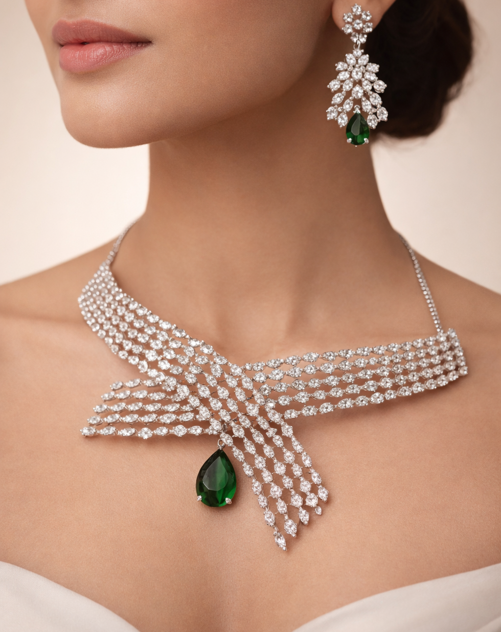 Close-up of a woman wearing a diamond necklace with emerald drops and matching earrings.