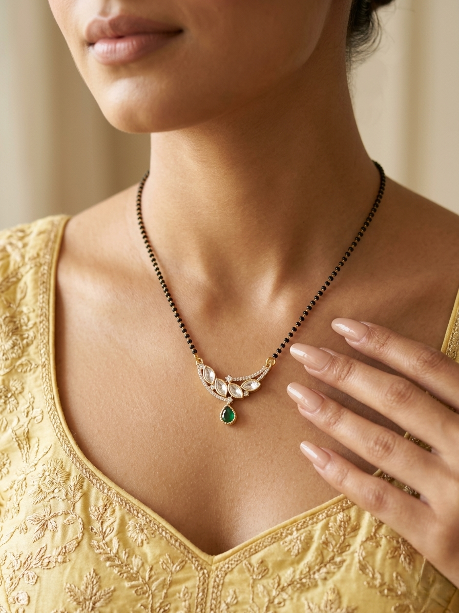 Close-up of a woman wearing a gold necklace with a green gemstone, against a neutral background.
