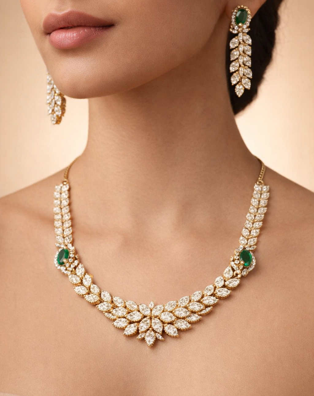 Designer green stone necklace set with matching earrings, showroom display premium jewellery