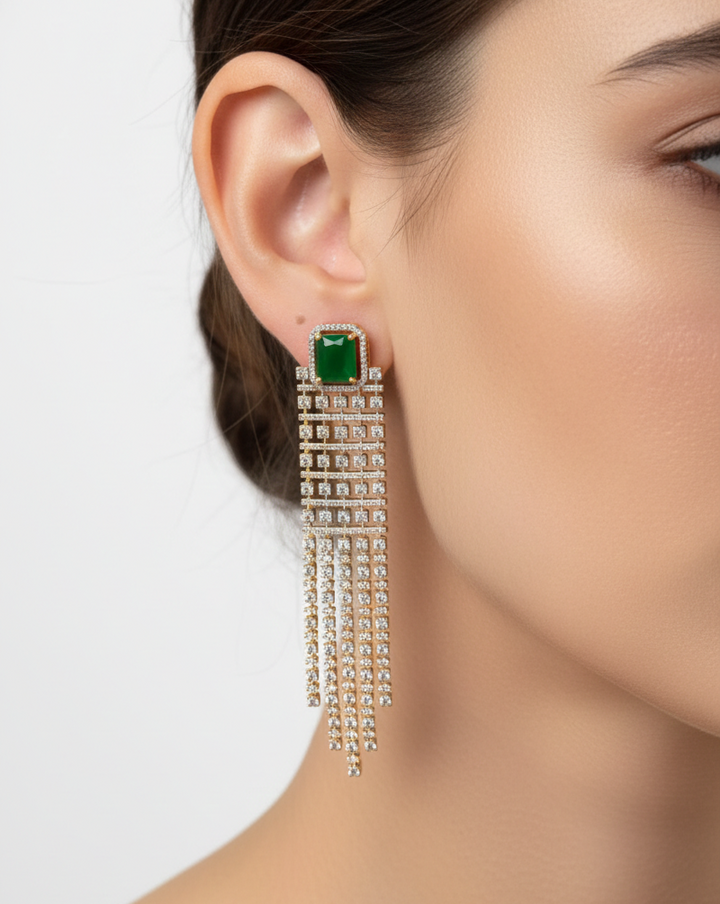 green gemstone dangling crystals long diamond gold finish earring in smart price