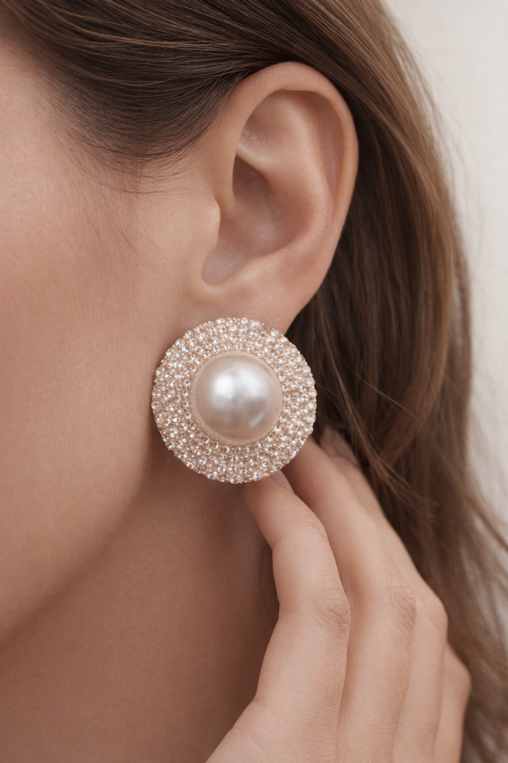 Round pearl diamond stud earrings with gold finish, elegant everyday jewellery