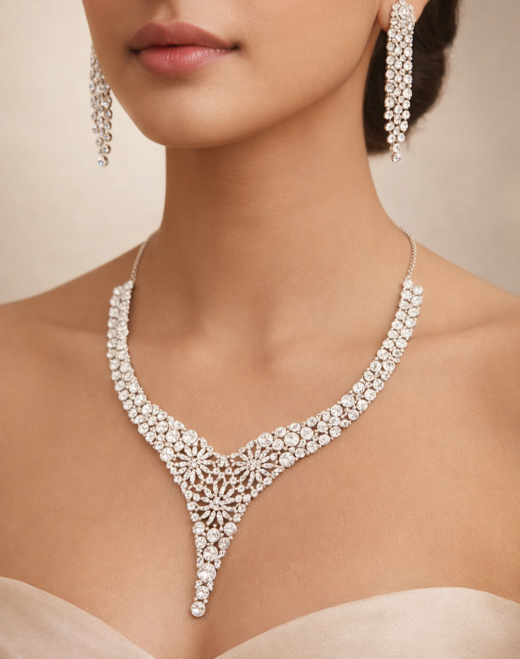 Close-up of a woman wearing a sparkling diamond necklace and earrings on a neutral background
