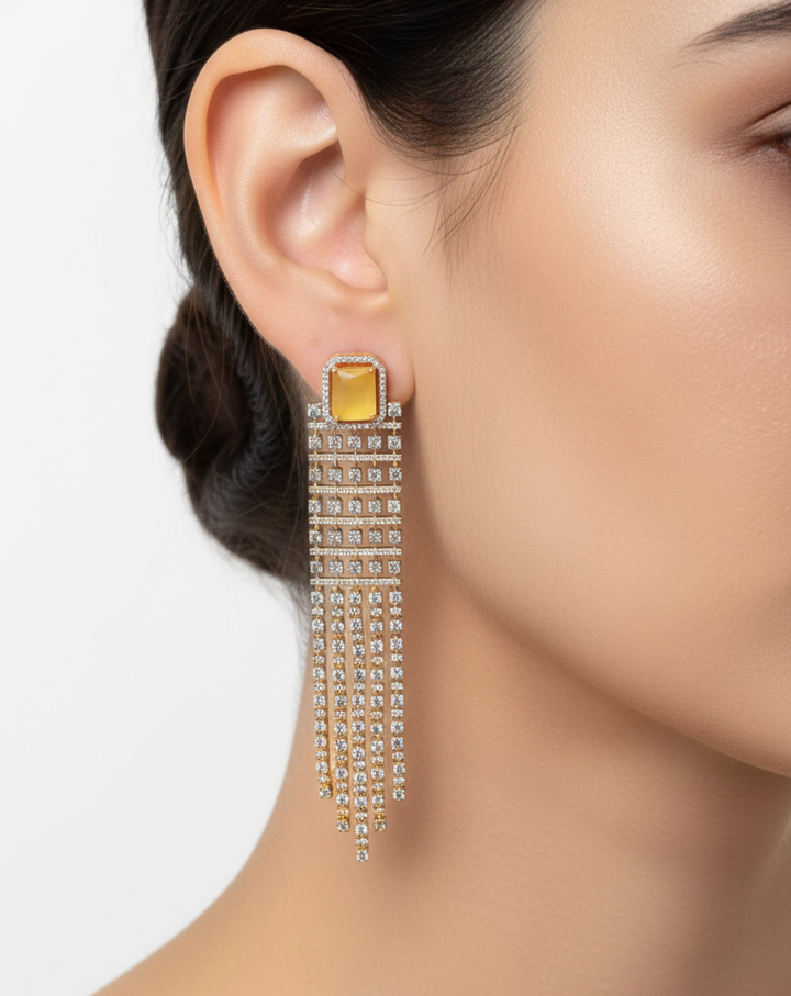 yellow stone gold finish artificial made jewellery long earrings for daily to ocassional 