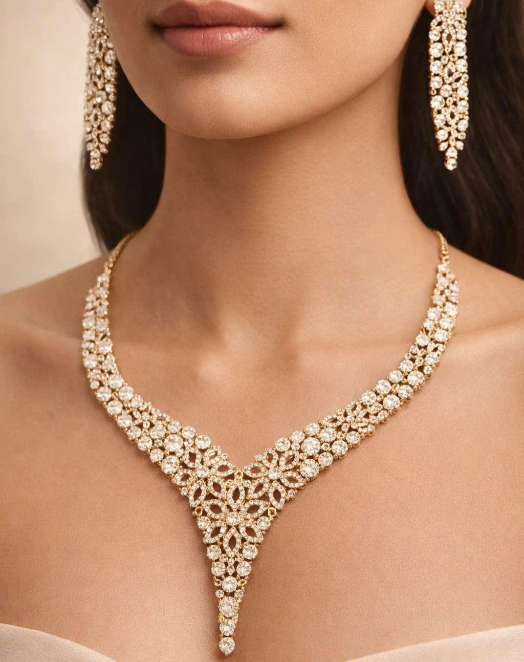Close-up of a woman wearing an elegant gold necklace and earrings.
