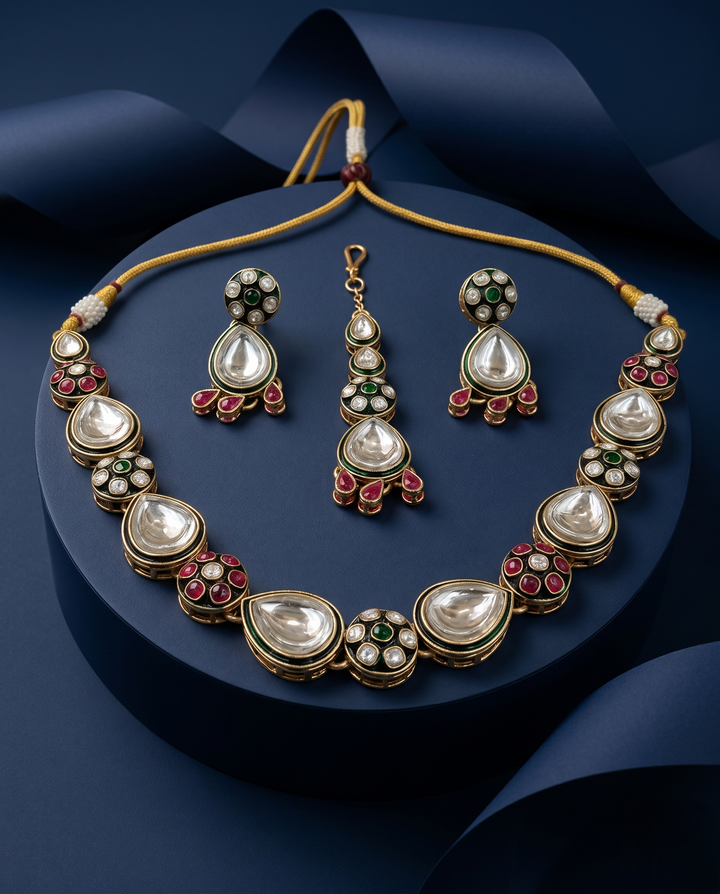 Close up view of polki kundan floral necklace with green and pink  enamel paired with matching earrings in gold finish with blue background 