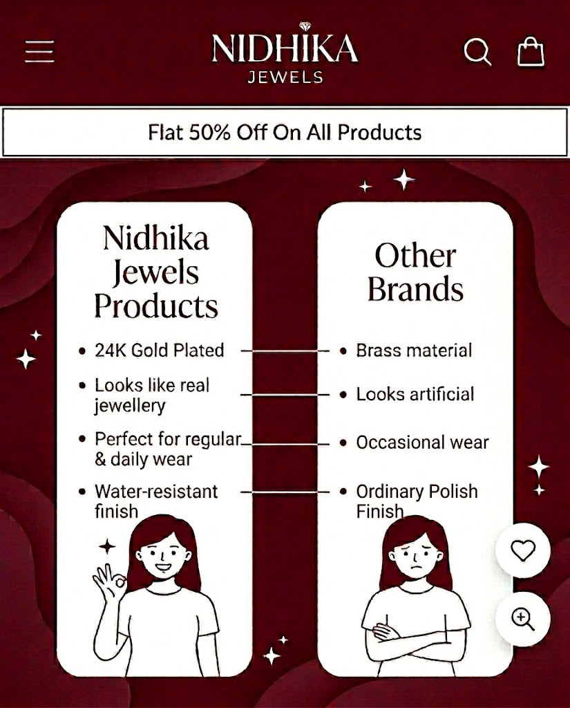 Comparison between Nidhika Jewels products and other brands on a red background with Nidhika Jewels branding.